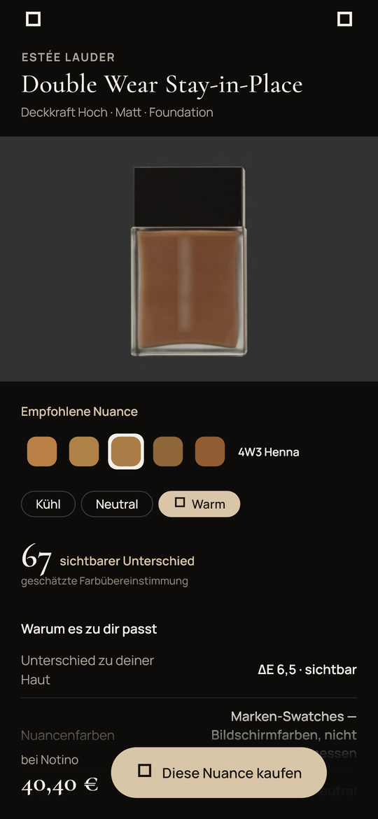 Produktseite der App mit Nuancen, Preisen und Shops