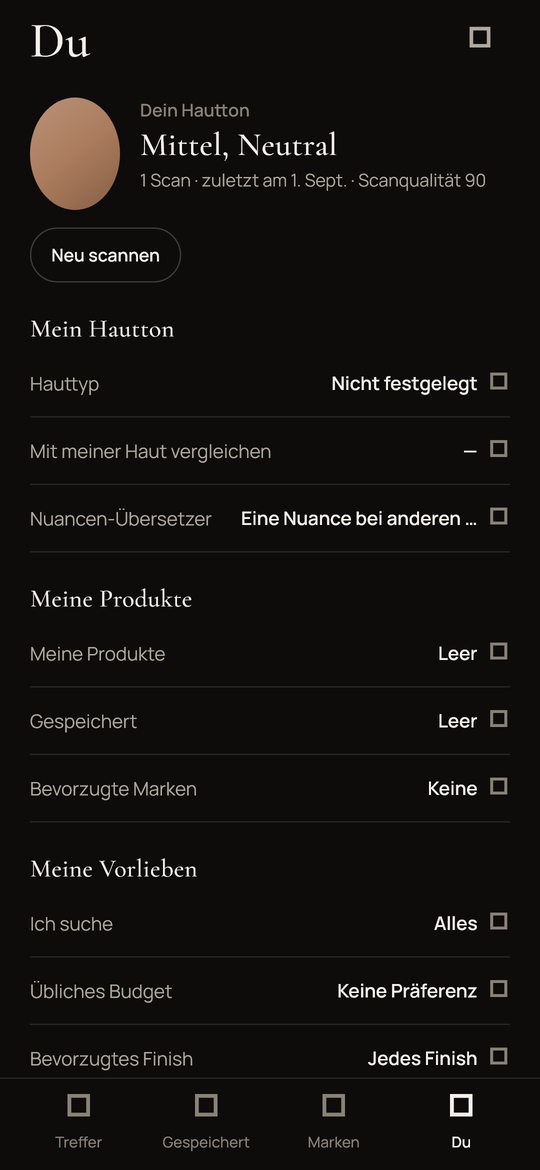Profilbildschirm der App mit gespeichertem Hautton, Unterton und Tiefe